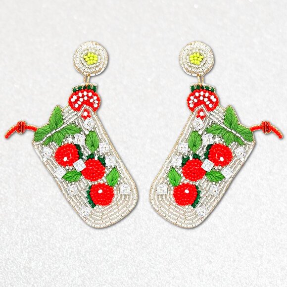 Strawberry Bellini Cocktail Bead Embroidered Summer Drink Statement Earrings NEW - Picture 2 of 3